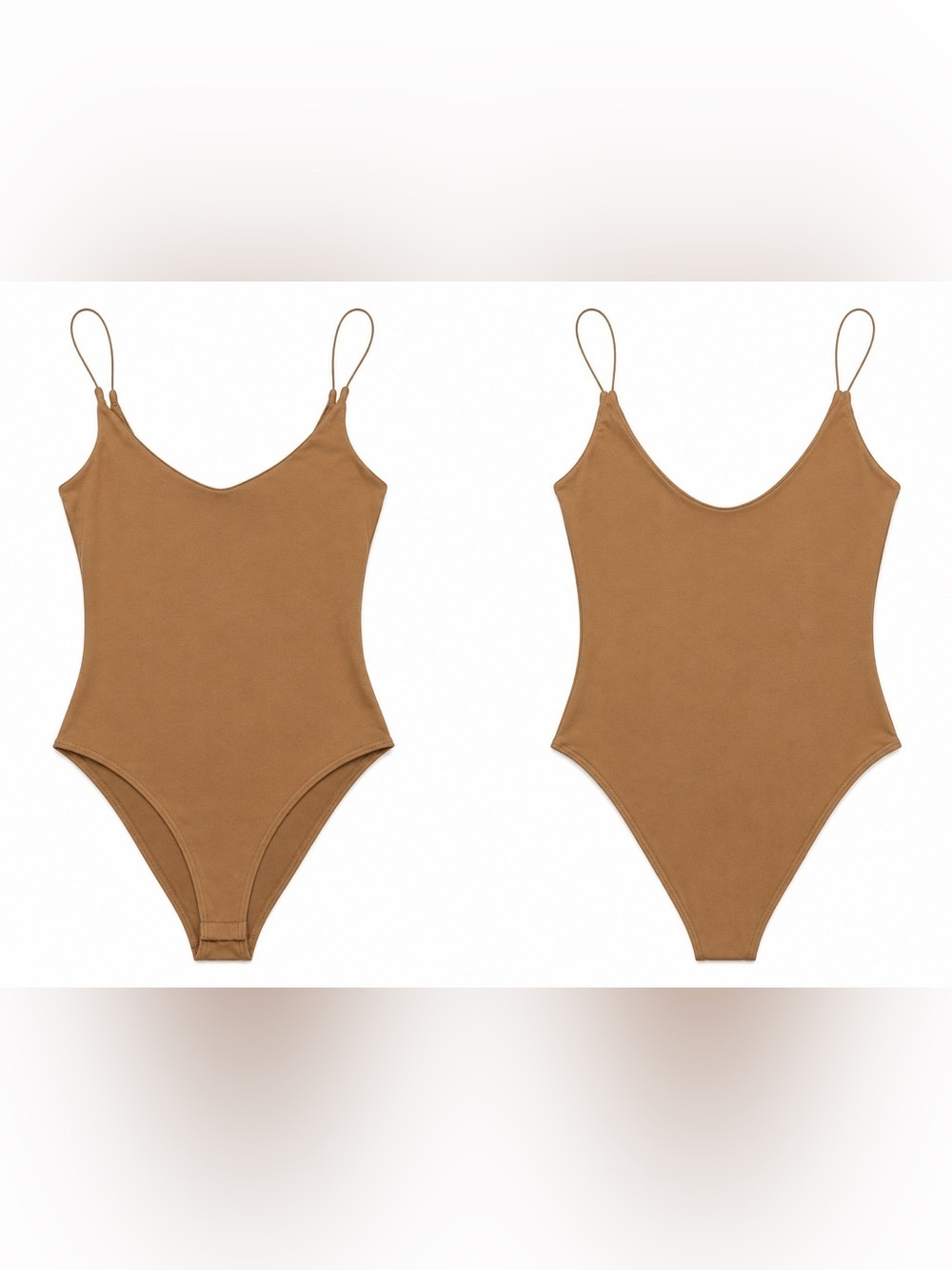 GAZE Caramel Sueded Bodysuit V Neck Bungee Strap Stretch Sz L Neutral Minimal - Picture 3 of 16